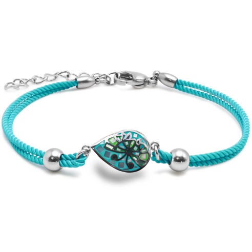 Bracelet acier coton bleu cyan - email et nacre - 15+5cm