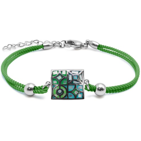 Bracelet acier coton vert - email et nacre - 15+5cm