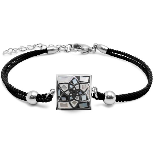 Bracelet acier coton noir - email et nacre - 15+5cm