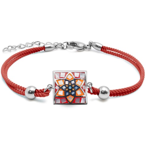 Bracelet acier coton rouge - email et nacre - 15+5cm