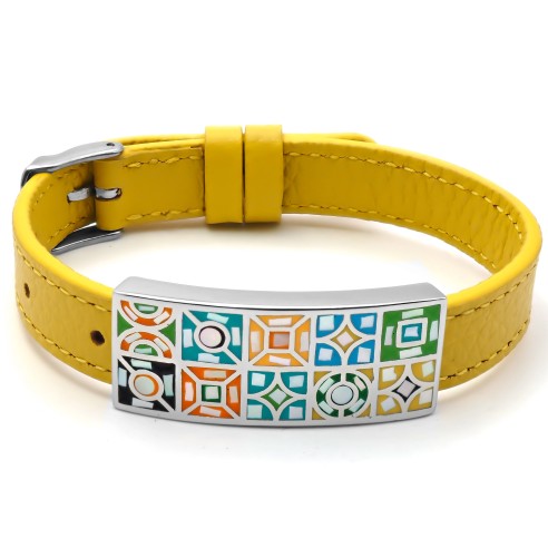 Bracelet acier - émail - nacre - cuir jaune - largeur 1cm - bracelet montre réglable - 18 à 23cm