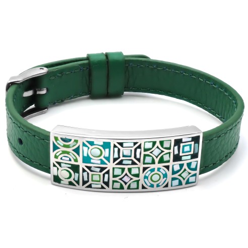 Bracelet acier - émail - nacre - cuir vert - largeur 1cm - bracelet montre réglable - 18 à 23cm