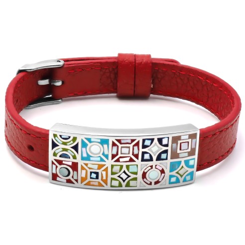 Bracelet acier - émail - nacre - cuir rouge - largeur 1cm - bracelet montre réglable - 18 à 23cm