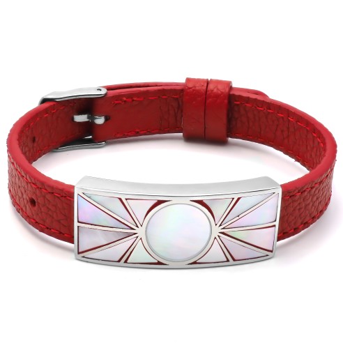 Bracelet acier - émail - nacre - cuir rouge - largeur 1cm - bracelet montre réglable - 18 à 23cm