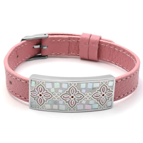 Bracelet acier - émail - nacre - cuir rose - largeur 1cm - bracelet montre réglable - 18 à 23cm