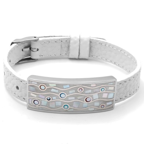 Bracelet acier - émail - nacre - cuir blanc - largeur 1cm - bracelet montre réglable - 18 à 23cm