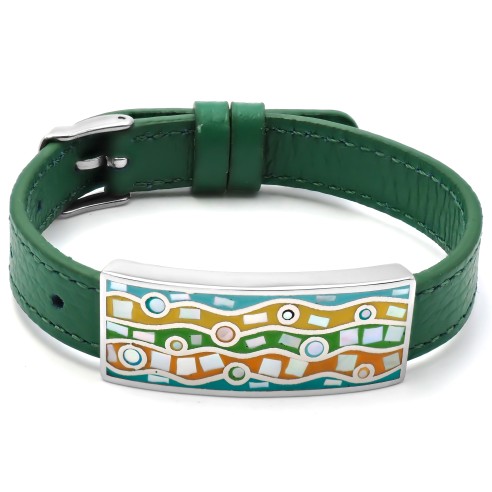 Bracelet acier - émail - nacre - cuir vert - largeur 1cm - bracelet montre réglable - 18 à 23cm