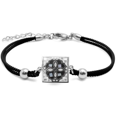 Bracelet acier coton noir - email et nacre - 15+5cm