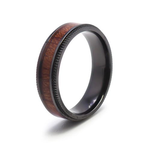 Bague en black zirconium - PVD noir - bois koa incrusté - largeur 6mm - Taille 58 à 68