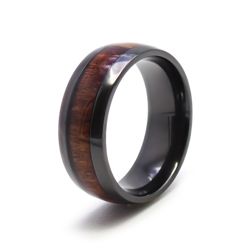 Bague en black zirconium - PVD noir - bois koa incrusté - largeur 8mm - Taille 58 à 68