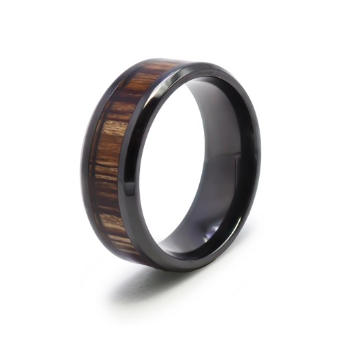 Bague en black zirconium - PVD noir - bois teinté multicolore incrusté - largeur 8mm - Taille 58 à 68