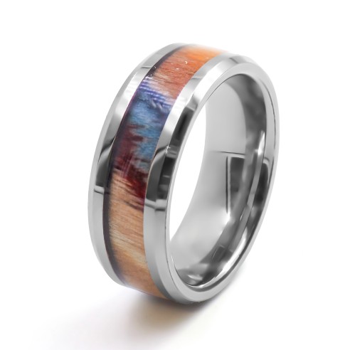 Bague en tungstène - bois teinté multicolore incrusté - largeur 8mm - Taille 58 à 70