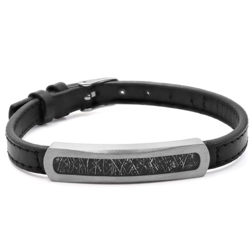 Bracelet en acier - cuir noir - imitation meteorite noire incrustée - largeur 1cm - réglable 18 à 23cm