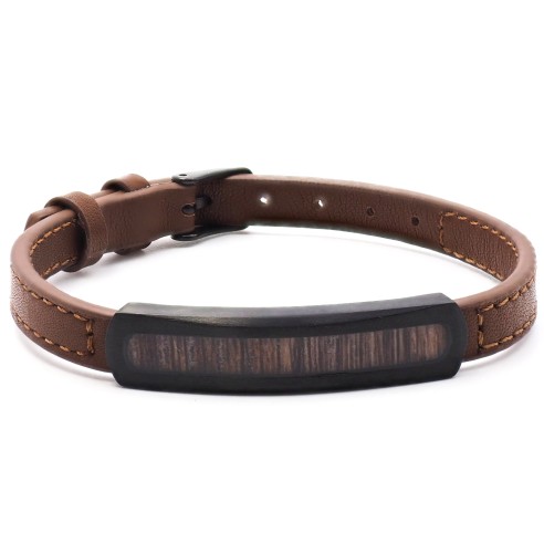 Bracelet en acier - cuir marron - PVD noir - imitation bois de cerf incrusté - largeur 1cm - réglable 18 à 23cm