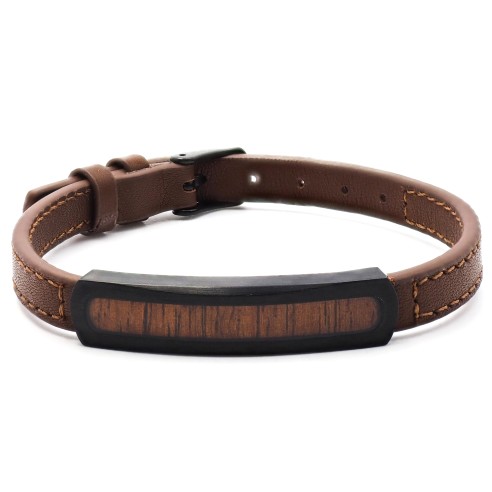 Bracelet en acier - cuir marron - PVD noir -  bois koa incrusté - largeur 1cm - réglable 18 à 23cm