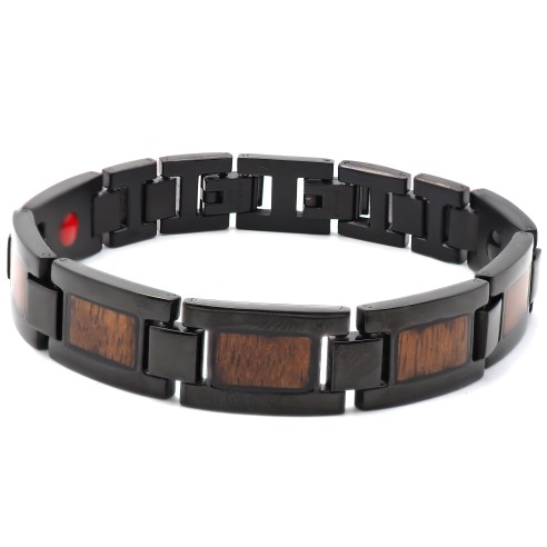 Bracelet magnétique en acier - PVD noir - bois koa incrusté - largeur 12mm - 21cm