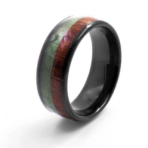 Bague en tungstène - PVD noir - bois de teck et bois teinté vert - largeur 8mm Taille 58 à 70