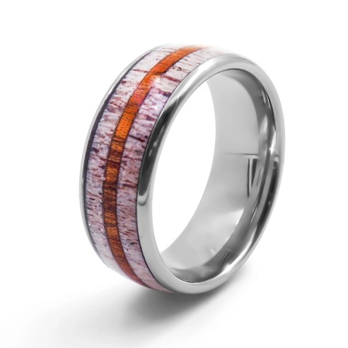 Bague en tungstène - bois de cerf et bois koa incrusté - largeur 8mm - Taille 58 à 70