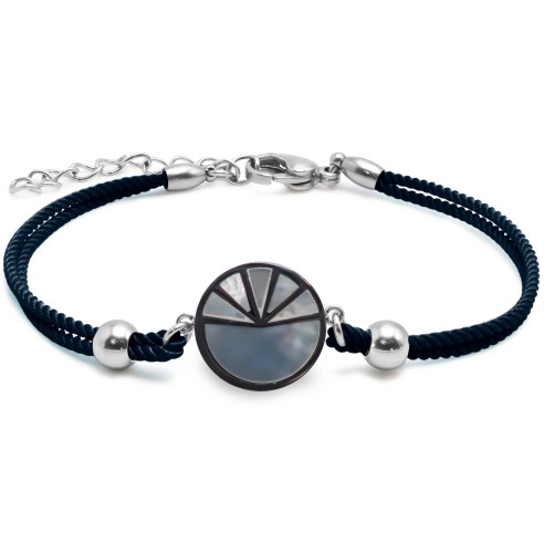 Bracelet acier coton bleu foncé - email et nacre - 15+5cm