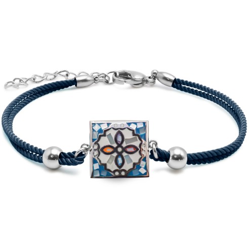 Bracelet acier coton bleu - email et nacre - 15+5cm