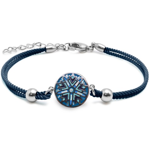 Bracelet acier coton bleu foncé - email et nacre - 15+5cm