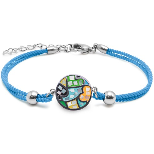 Bracelet acier coton bleu cyan - email et nacre - 15+5cm