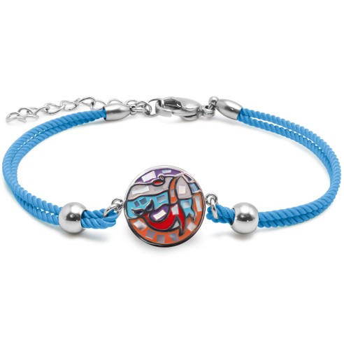 Bracelet acier coton bleu cyan - email et nacre - 15+5cm