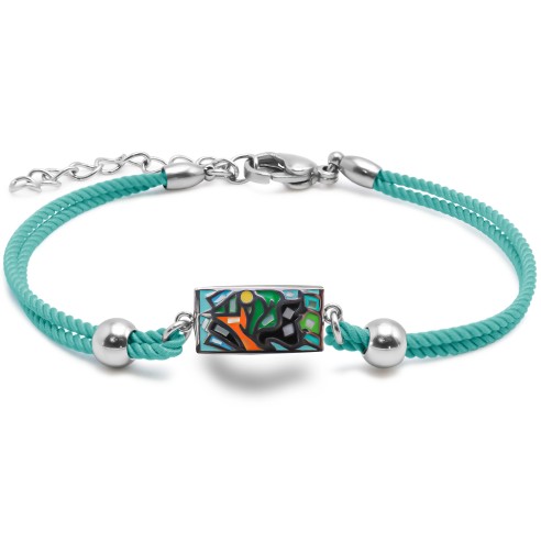 Bracelet acier coton bleu cyan - email et nacre - 15+5cm