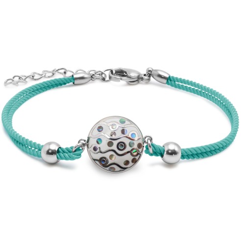 Bracelet acier coton bleu cyan - email et nacre - 15+5cm