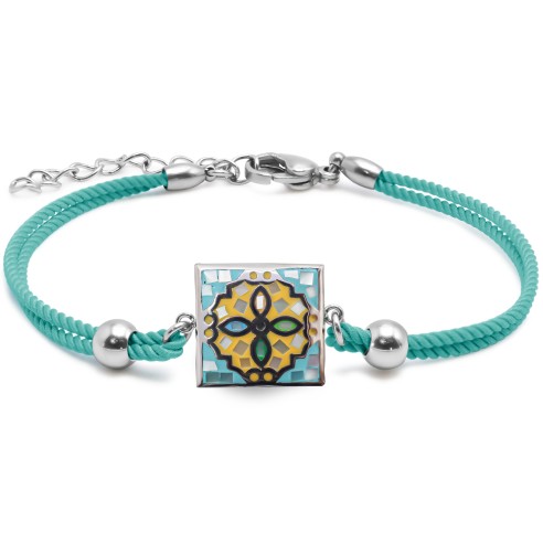 Bracelet acier coton cyan - email et nacre - 15+5cm